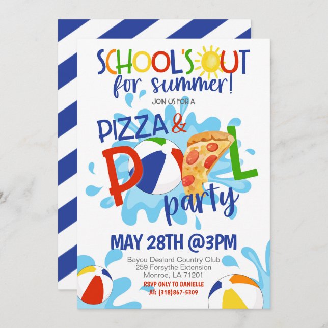 End of School Pizza & Pool Party Invitation (Front/Back)
