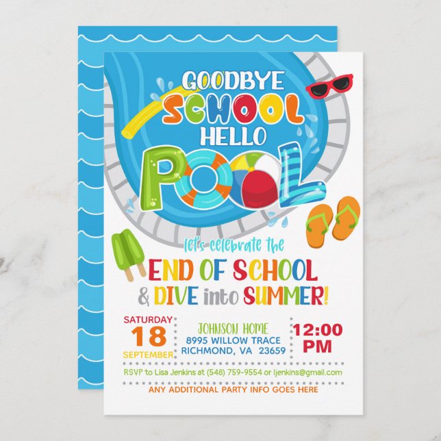 End of School Pool Party Invitation - Boy (Front/Back)