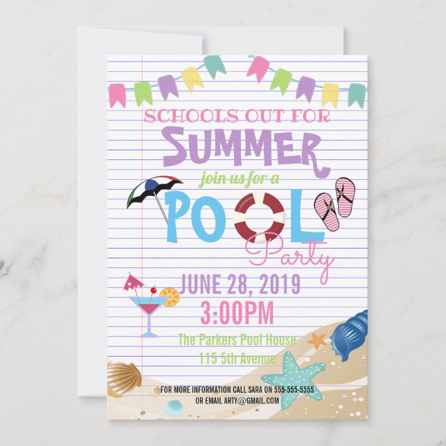 end of school pool summer class party fundraiser invitation (Front)
