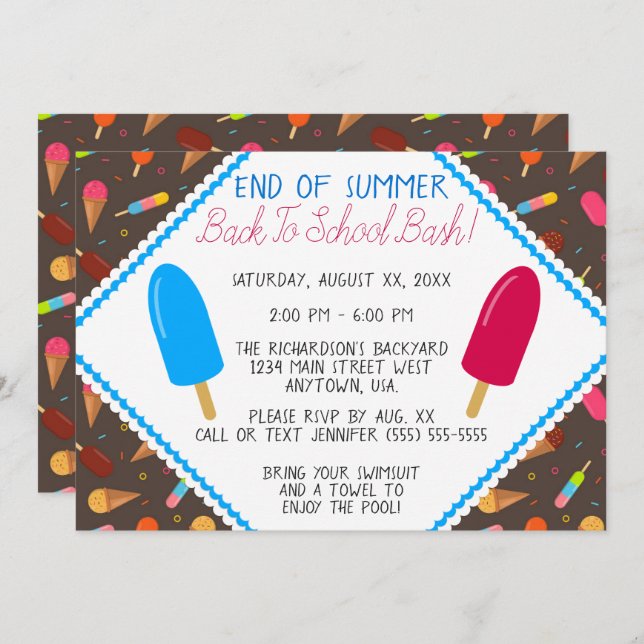 End of Summer Ice Pop and Ice Cream Pattern Party Invitation (Front/Back)