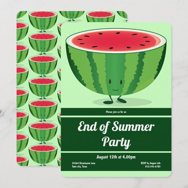 End of Summer Party Green Red Watermelon Cartoon Invitation (Front/Back)