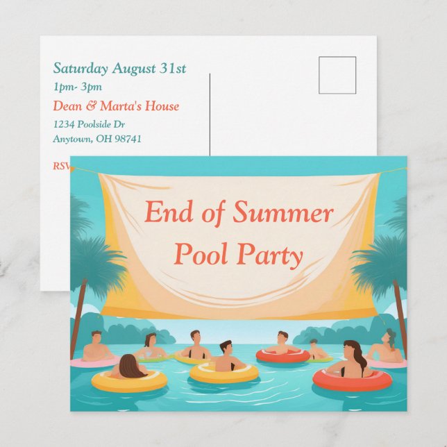 End of Summer Pool Party Custom Invitation Postcard (Front/Back)