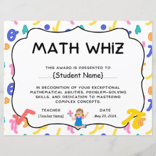 End Of Year Math Whiz Student Recognition Award