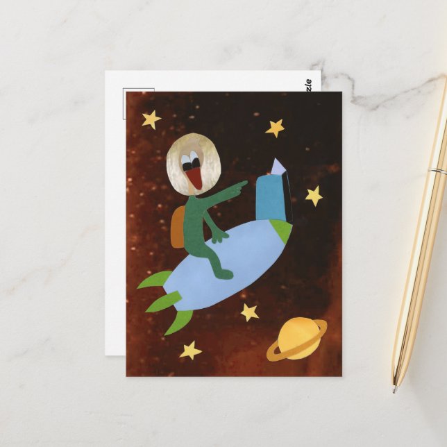 End with book on rocket in the planet star postcard (Front/Back In Situ)