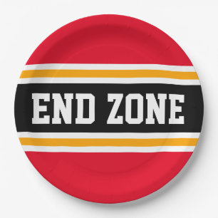 END ZONE Fun Bright Red Black Football Stripes Paper Plate