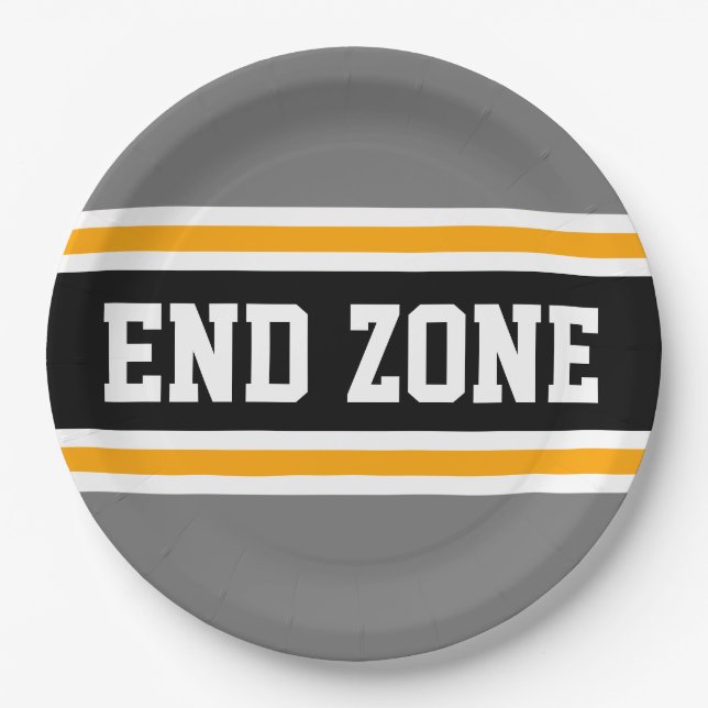 END ZONE Sporty Bold Grey Black Yellow Stripes Paper Plate (Front)