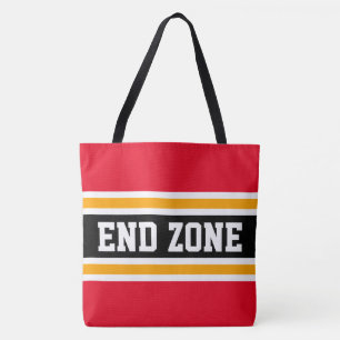 END ZONE Sporty Bright Red Orange Black Stripes Tote Bag