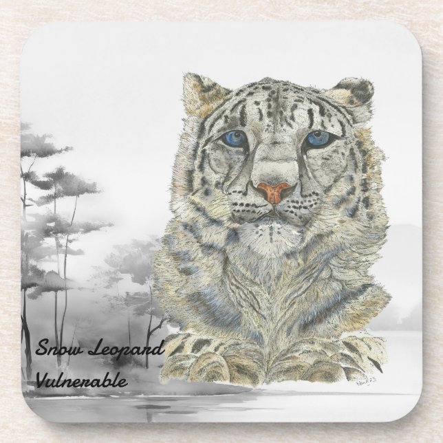 Endangered Hand painted Print Snow Leopard coaster (Front)