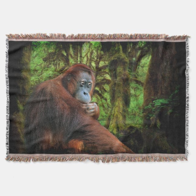 Endangered Orangutan & Rainforest Primate Art Throw Blanket (Front)