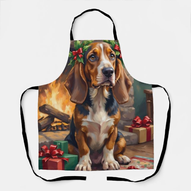 Endearing Basset Hound Dog with Christmas Wreath Apron (Front)