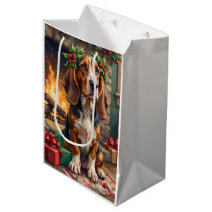 Endearing Basset Hound Dog with Christmas Wreath Medium Gift Bag