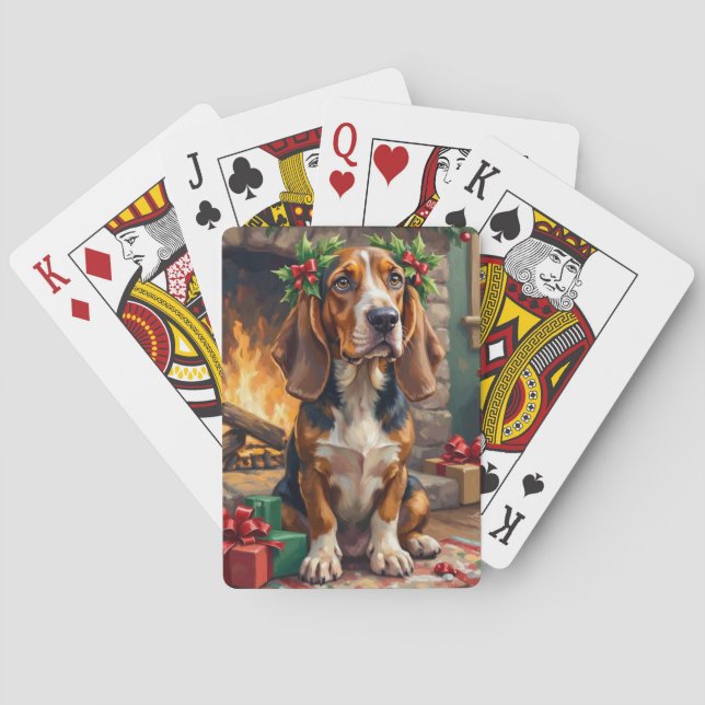 Endearing Basset Hound Dog with Christmas Wreath Playing Cards (Back)