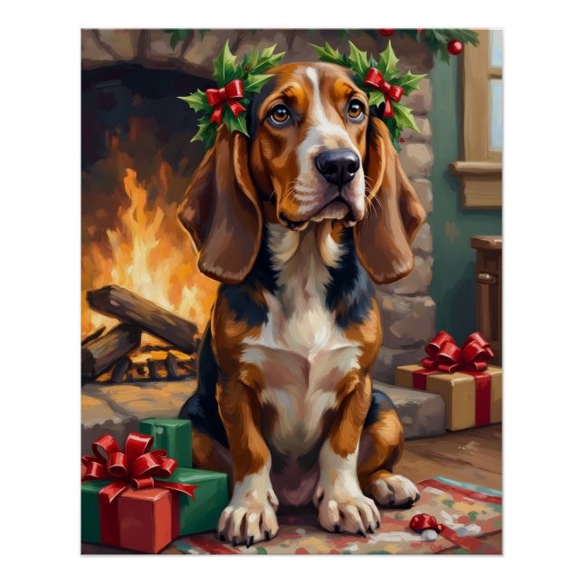 Endearing Basset Hound Dog with Christmas Wreath Poster (Front)