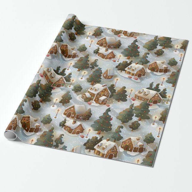 Endless Christmas Gingerbread Village Wrapping Paper (Unrolled)