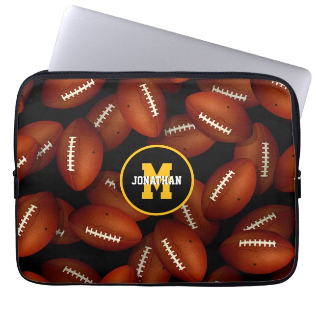 Endless footballs pattern fall sports monogrammed laptop sleeve (Front)