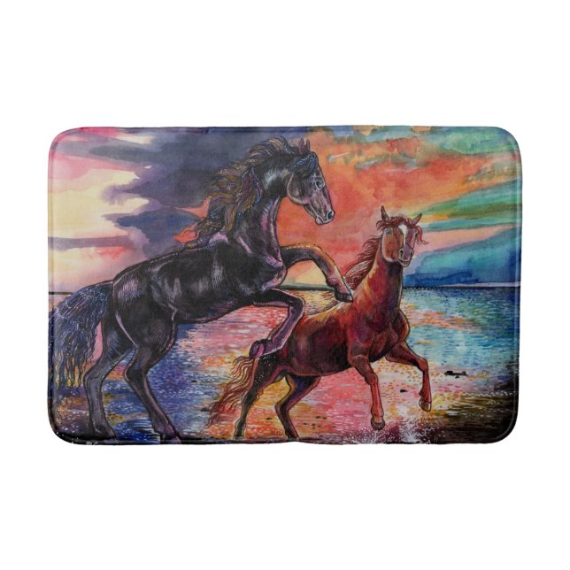 Endless Sky Watercolor Horses Bath Mat (Front)
