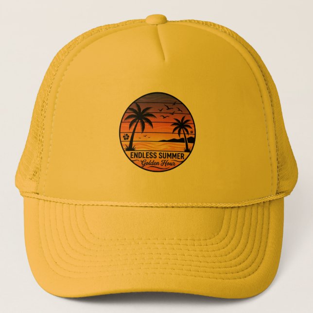 Endless Summer Retro Sunset Palm Trees Trucker Hat (Front)