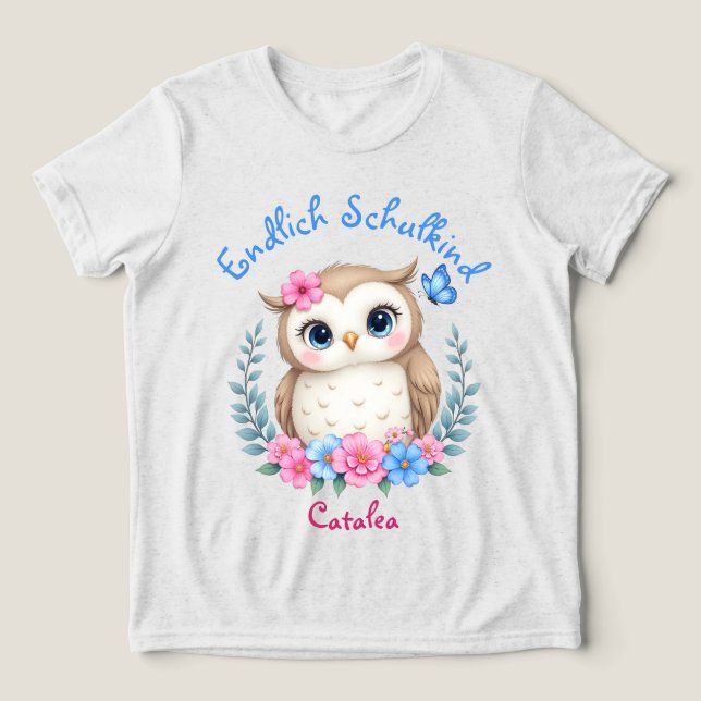 Endlich Schulkind - niedliche Eule mit Blumen  Tri-Blend Shirt (Design Front)