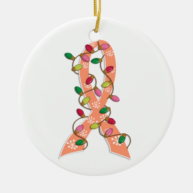Endometrial Cancer Christmas Lights Ribbon Ceramic Tree Decoration (Front)
