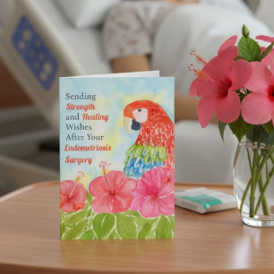 Endometriosis Healing Scarlet Macaws, Hibiscus Card