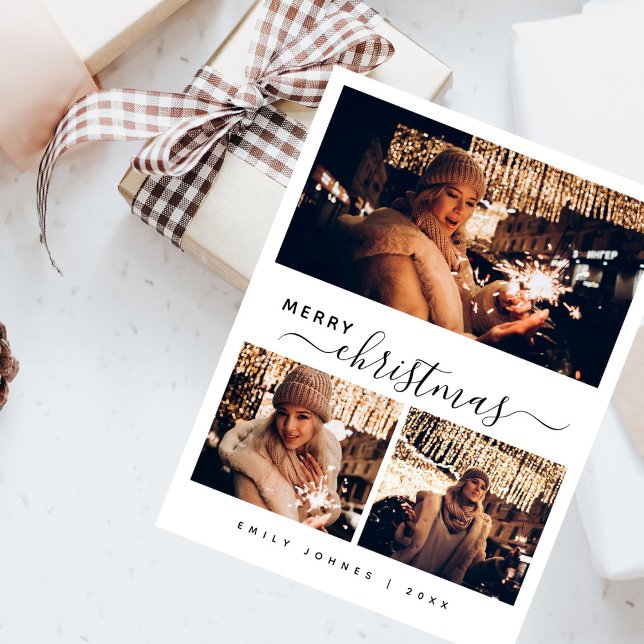 Enegant Modern 3 Photo Collage Christmas Postcard (Creator Uploaded)