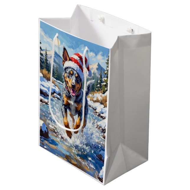 Energetic Blue Heeler Dog Winter Creek Christmas Medium Gift Bag (Front Angled)