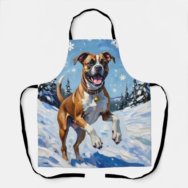 Energetic Boxer Dog Leaping in Winter Snow Fun Apron (Front)