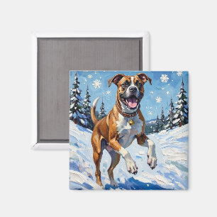 Energetic Boxer Dog Leaping in Winter Snow Fun Magnet