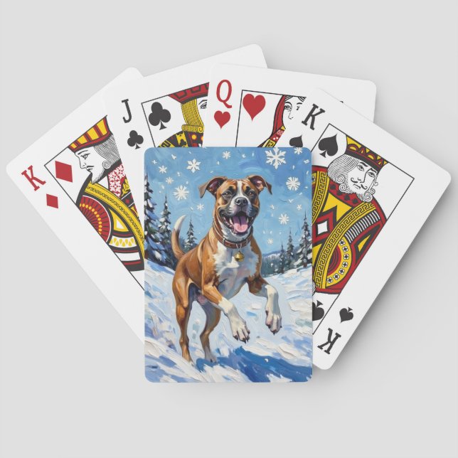 Energetic Boxer Dog Leaping in Winter Snow Fun Playing Cards (Back)