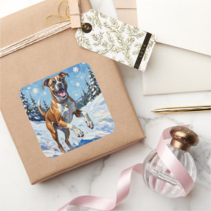 Energetic Boxer Dog Leaping in Winter Snow Fun Square Sticker