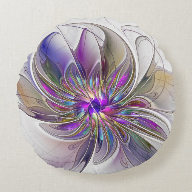 Energetic, Colorful Abstract Fractal Art Flower Round Cushion (Front)