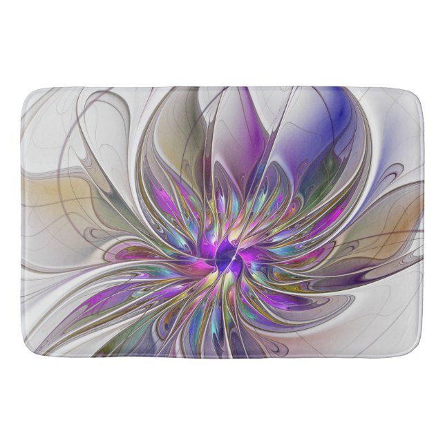 Energetic, Colourful Abstract Fractal Art Flower Bath Mat (Front)