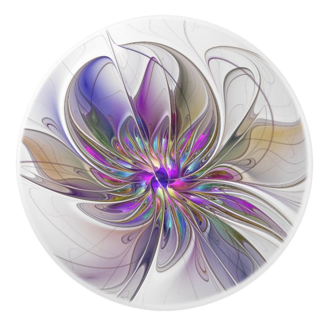 Energetic, Colourful Abstract Fractal Art Flower Ceramic Knob (Front)