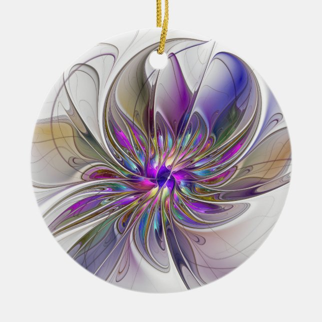 Energetic, Colourful Abstract Fractal Art Flower Ceramic Tree Decoration (Front)