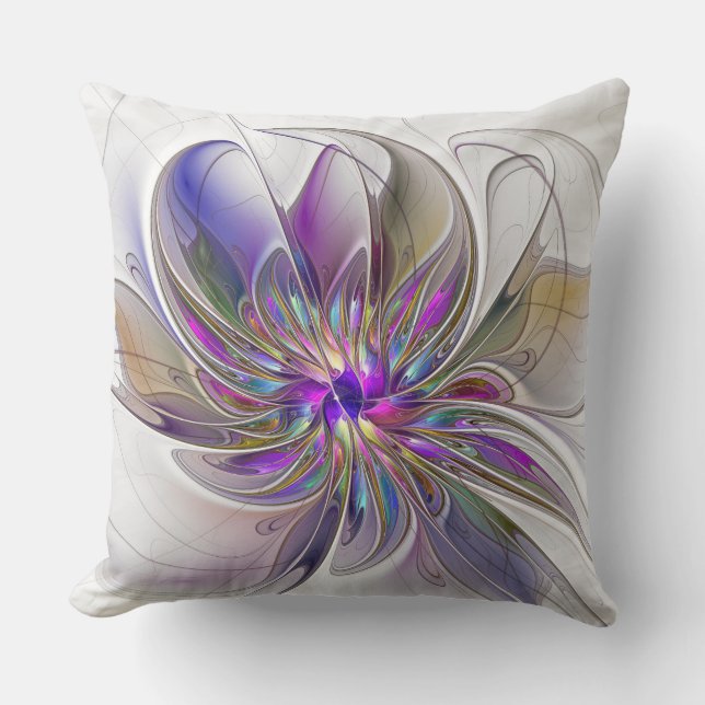 Energetic, Colourful Abstract Fractal Art Flower Cushion (Front)