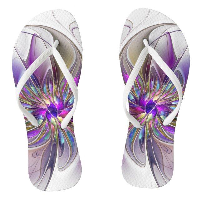 Energetic, Colourful Abstract Fractal Art Flower Flip Flops (Footbed)