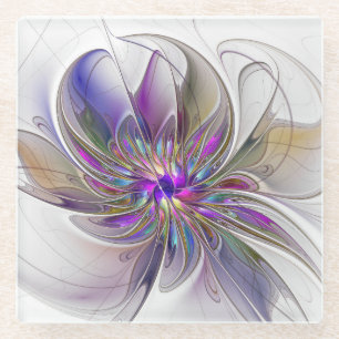 Energetic, Colourful Abstract Fractal Art Flower Glass Coaster