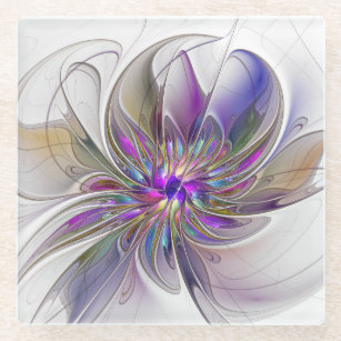 Energetic, Colourful Abstract Fractal Art Flower Glass Coaster