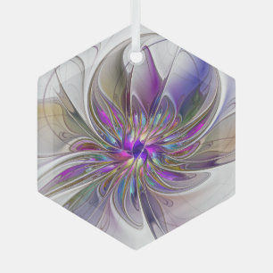 Energetic, Colourful Abstract Fractal Art Flower Glass Tree Decoration
