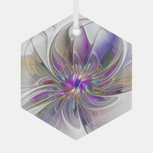 Energetic, Colourful Abstract Fractal Art Flower Glass Tree Decoration
