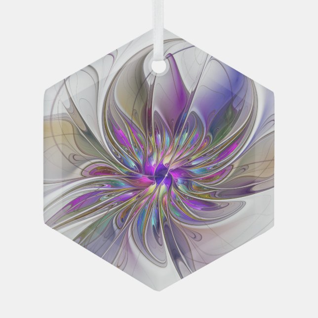 Energetic, Colourful Abstract Fractal Art Flower Glass Tree Decoration (Front)