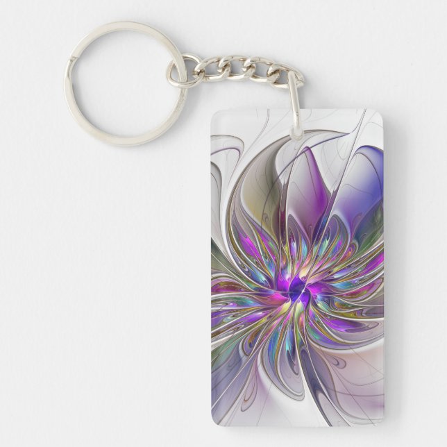 Energetic, Colourful Abstract Fractal Art Flower Key Ring (Front)