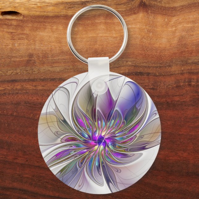 Energetic, Colourful Abstract Fractal Art Flower Key Ring (Front)