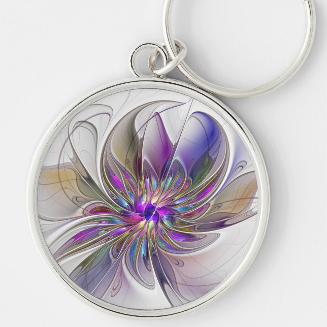 Energetic, Colourful Abstract Fractal Art Flower Key Ring (Front)