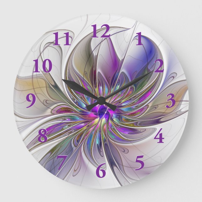 Energetic, Colourful Abstract Fractal Art Flower Large Clock (Front)