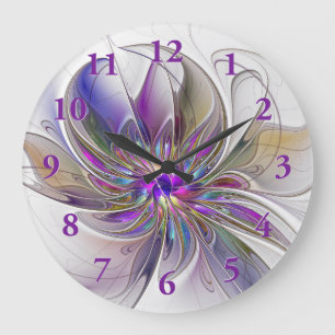 Energetic, Colourful Abstract Fractal Art Flower Large Clock