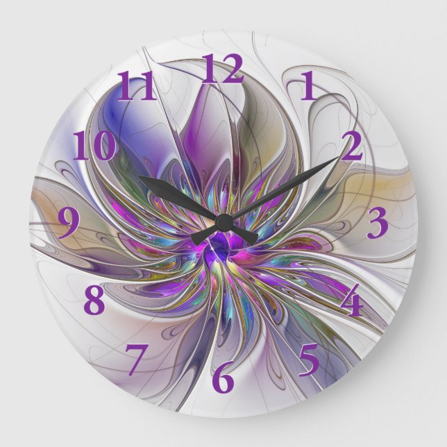 Energetic, Colourful Abstract Fractal Art Flower Large Clock (Front)