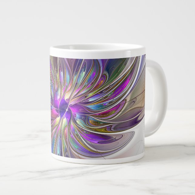 Energetic, Colourful Abstract Fractal Art Flower Large Coffee Mug (Front Right)