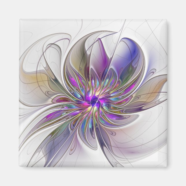 Energetic, Colourful Abstract Fractal Art Flower Magnet (Front)