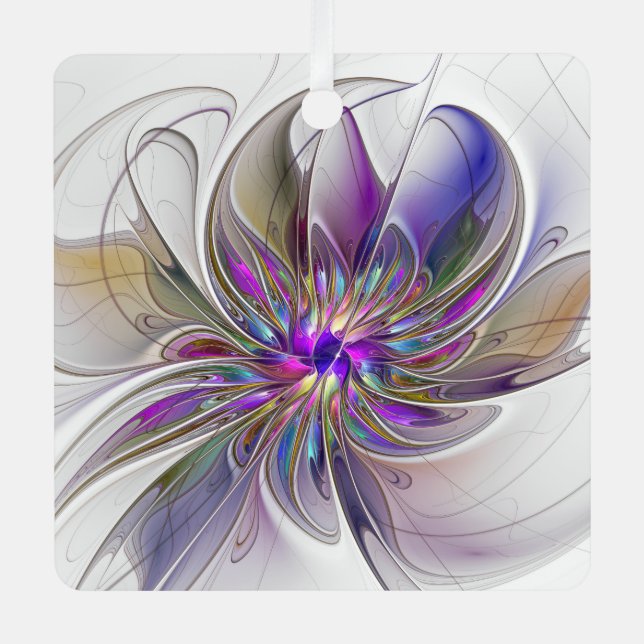 Energetic, Colourful Abstract Fractal Art Flower Metal Tree Decoration (Front)